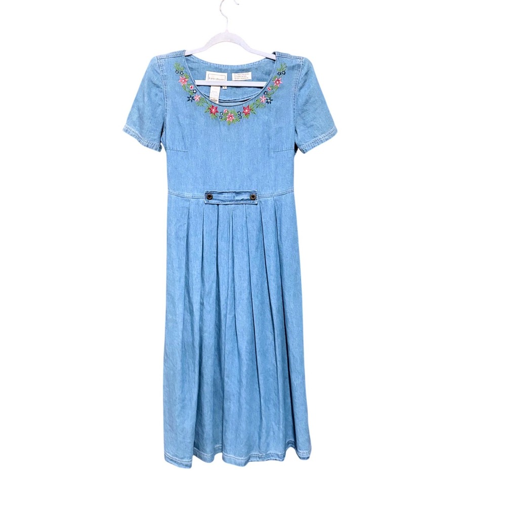 VTG Karin Stevens Denim Floral Embroidered Midi Dress Light Wash CottageCore Sz4